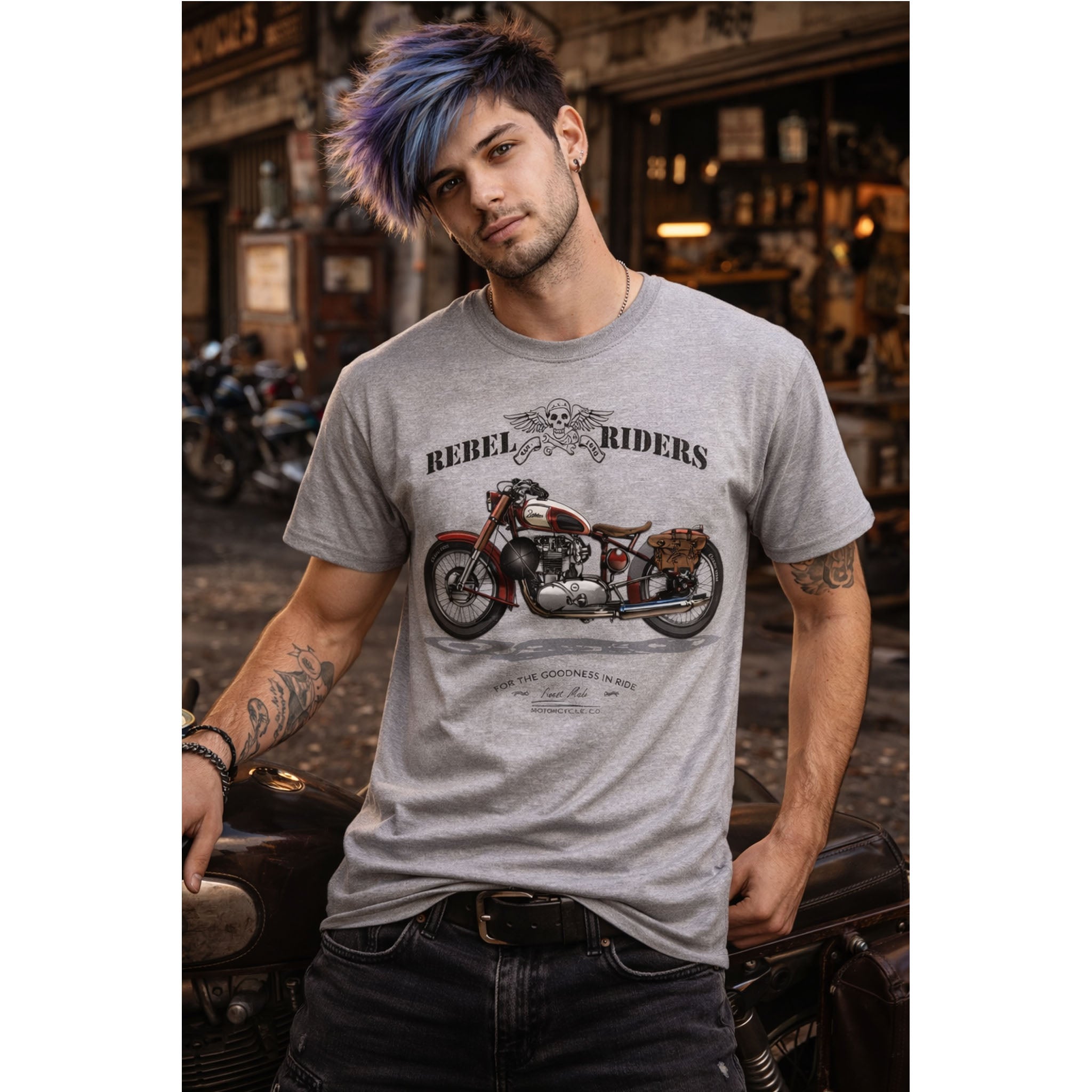 Man wearing a gray t-shirt with a motorcycle graphic and 'Rebel Riders' text in a rustic setting.