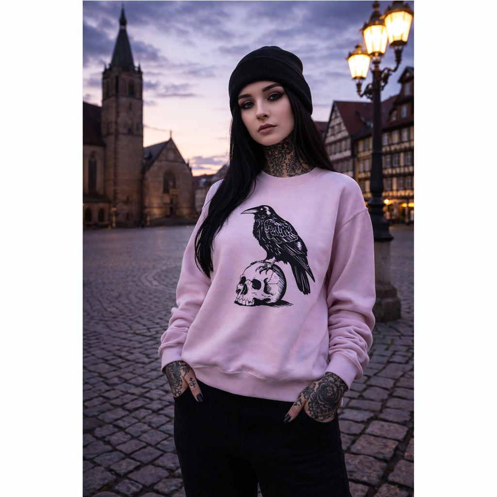 Raven Skull Sweatshirt, Gothic Crewneck Jumper