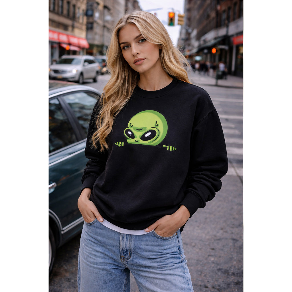 Alien Peeking Crewneck Sweatshirt  Cute Green Alien Graphic