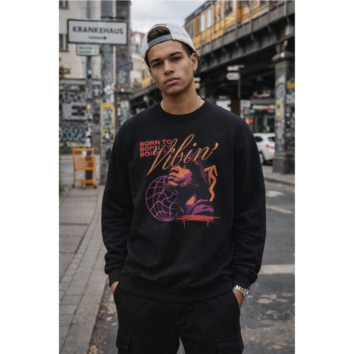 Vibin' Portrait Crewneck Sweatshirt  Born to Vibin' Graphic