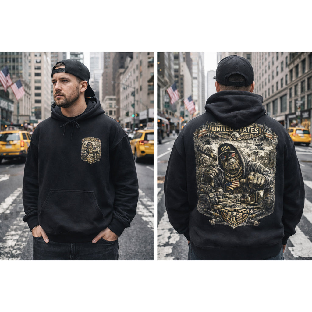 Bigfoot Streetwear Hoodie for Men  Urban Black Hoodie with Bigfoot Graphic Back Print, Hip Hop Style Sweatshirt