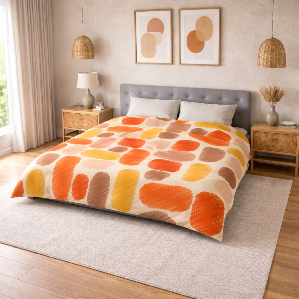 Abstract Brushstroke Squares Microfiber Duvet Cover | Autumn Ochre Terracotta Pattern