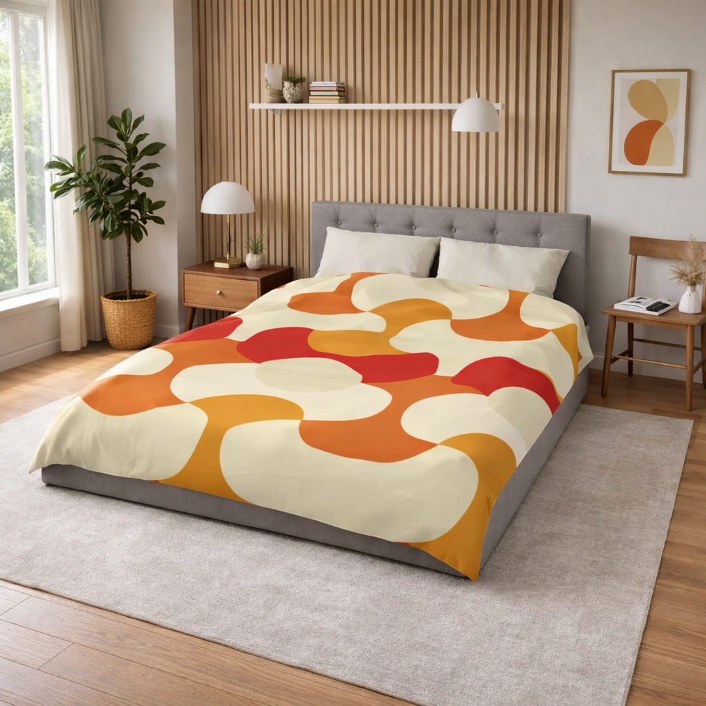 Retro Geometric Pattern Duvet Cover | 70s Style Orange Red Circles