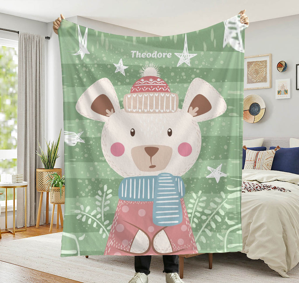 Personalized Baby Blanket with Name  Custom Nursery Plush Throw  Cute Winter Animal Kids Blanket  Baby Shower Gift