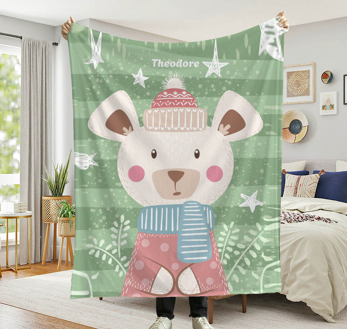 Personalized Baby Blanket with Name  Custom Nursery Plush Throw  Cute Winter Animal Kids Blanket  Baby Shower Gift