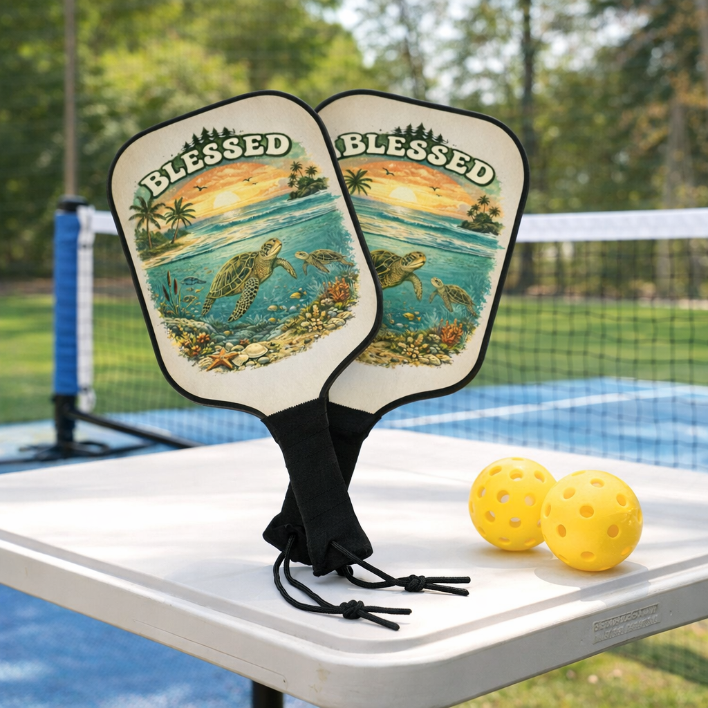Blessed Sea Turtle Pickleball Paddle Set | Beach Sunset Coastal Paddle Gift