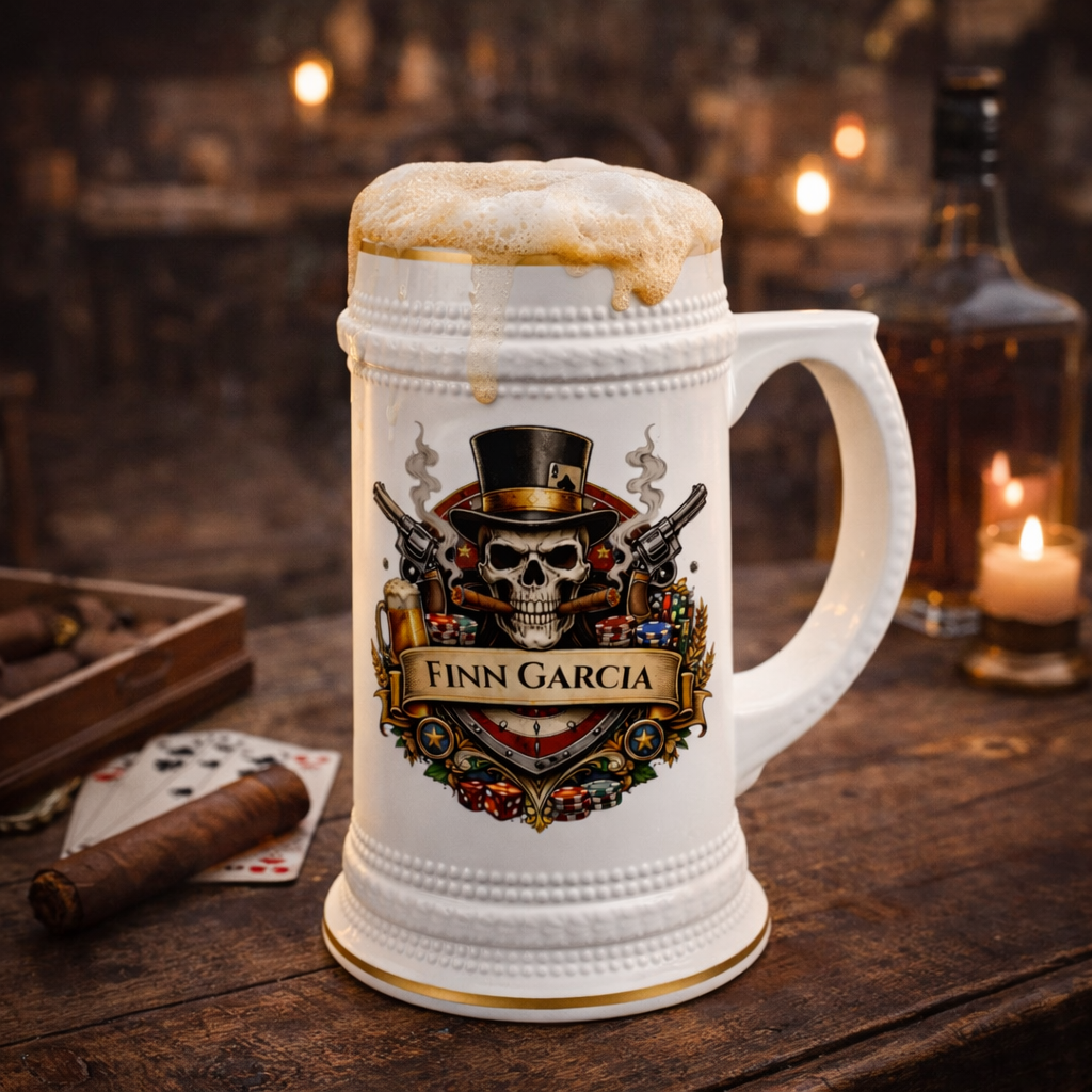Personalized Skull Beer Stein 22oz - Custom Name Poker Mug, Gangster Style Beer Mug