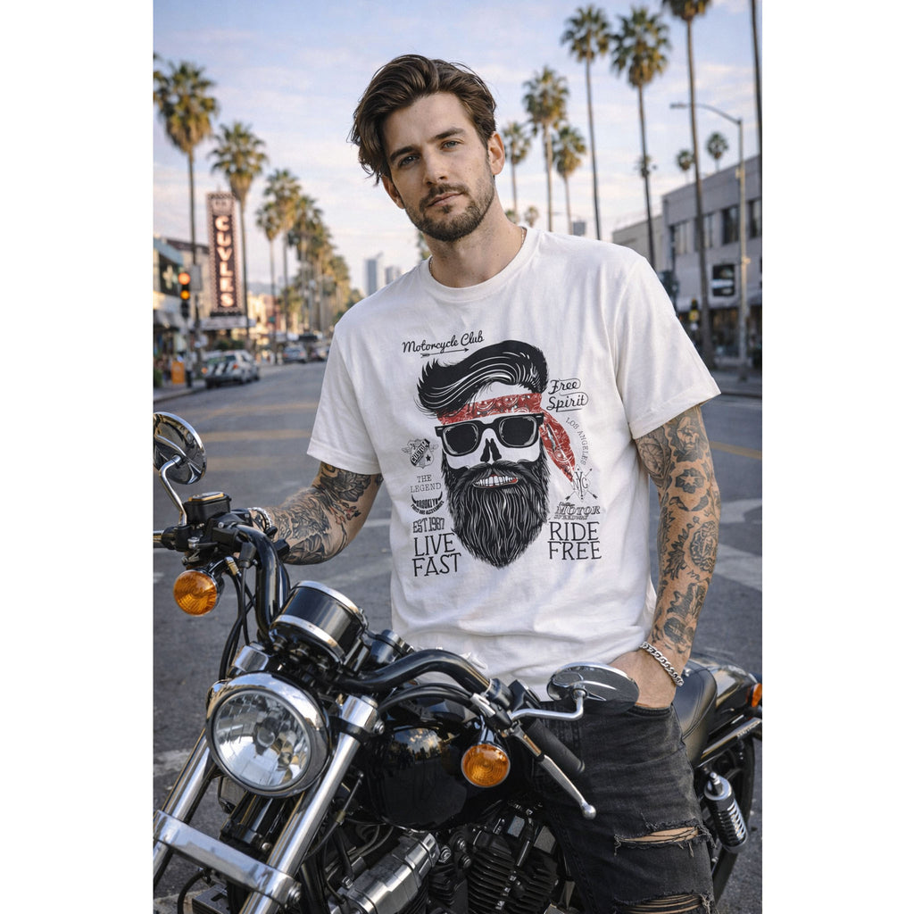 Biker Skull T-Shirt – “Live Fast Ride Free” Motorcycle Graphic Tee