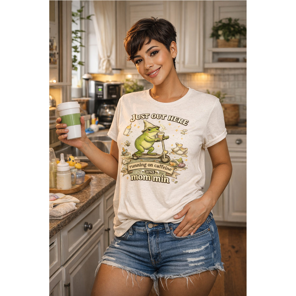 “Running on Caffeine & Mommin’” T-Shirt – Funny Mom Coffee & Frog Graphic Tee