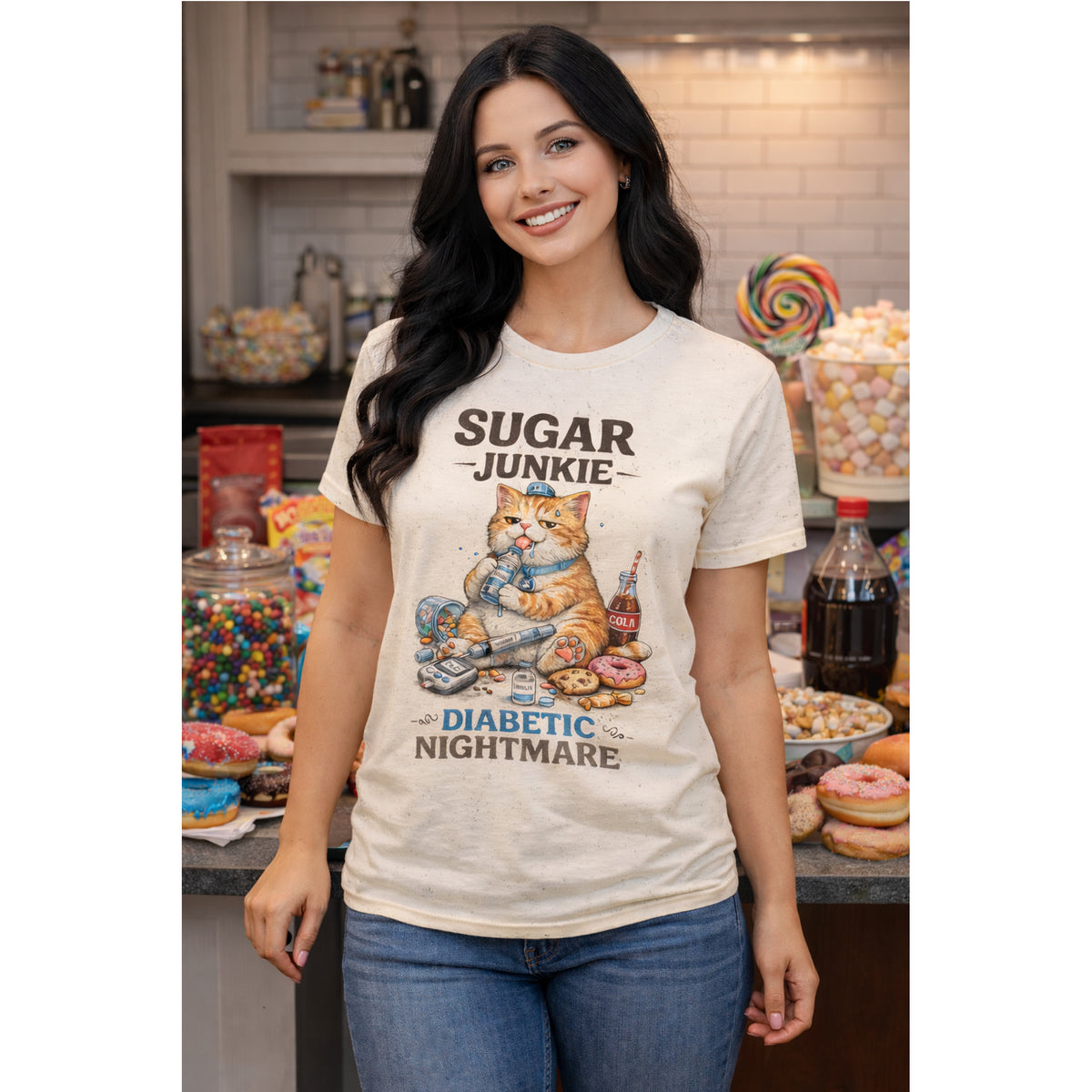 “Sugar Junkie – Diabetic Nightmare” T-Shirt – Funny Cat Graphic Tee