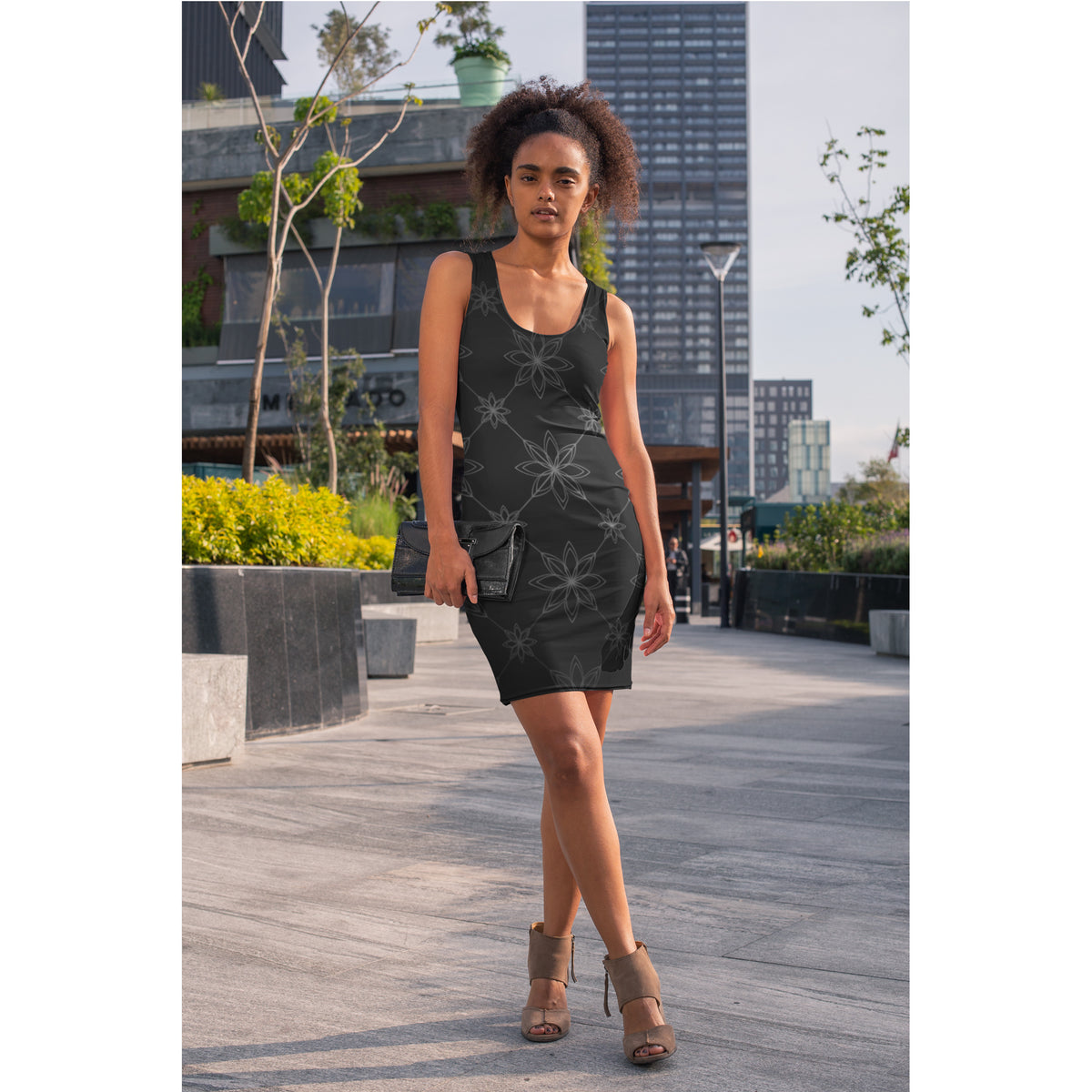 Black Floral Racerback Dress  Subtle Mandala Pattern