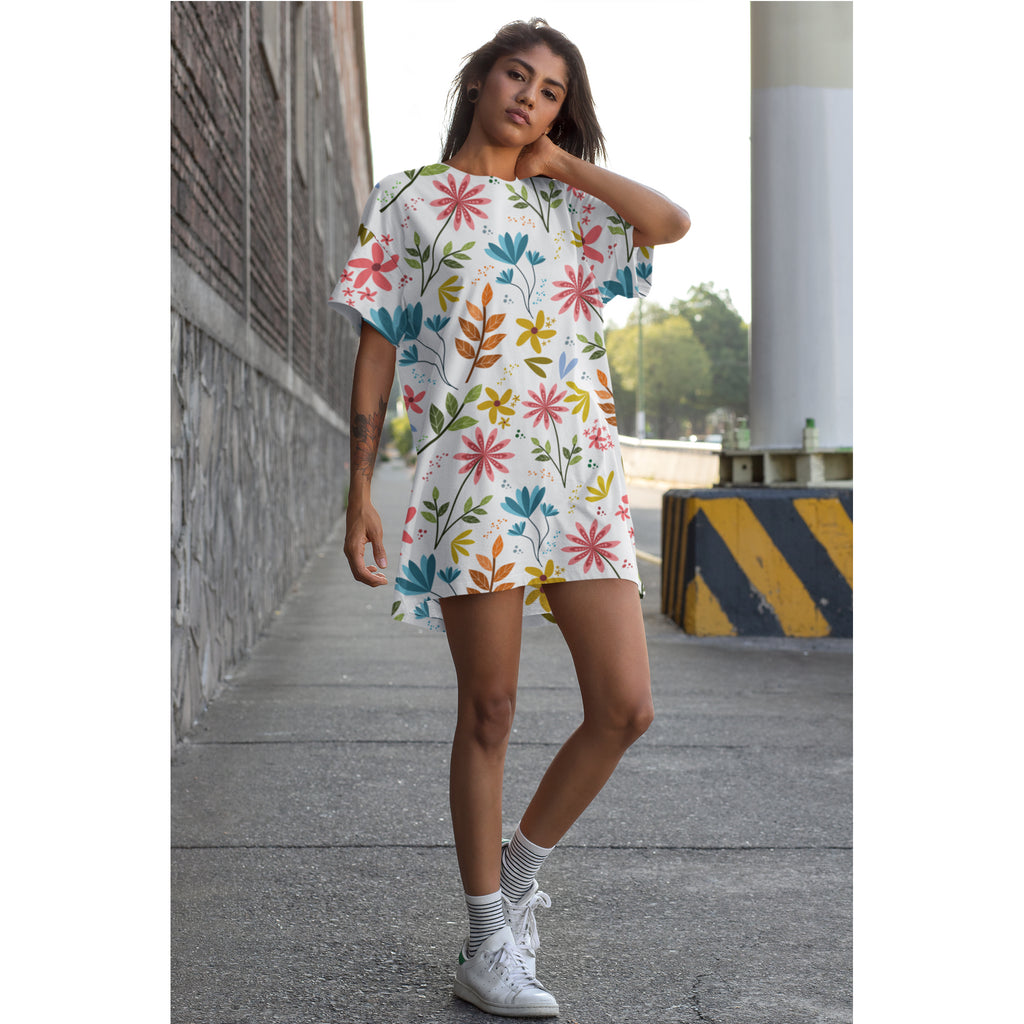 Floral Print Tee Dress  Colorful Spring Bloom All Over Pattern
