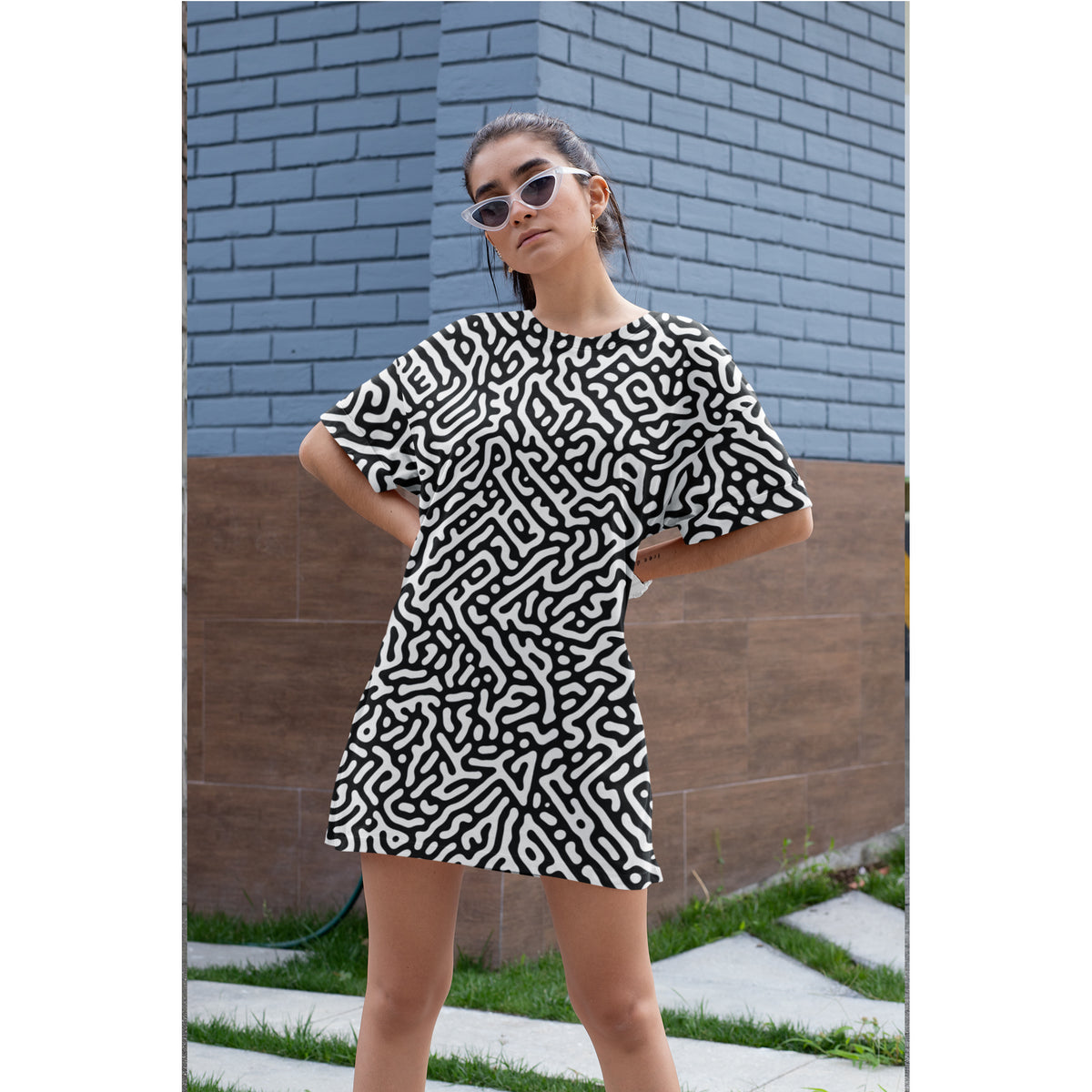 Black & White Maze Pattern T-Shirt Dress  All-Over Print Casual Dress