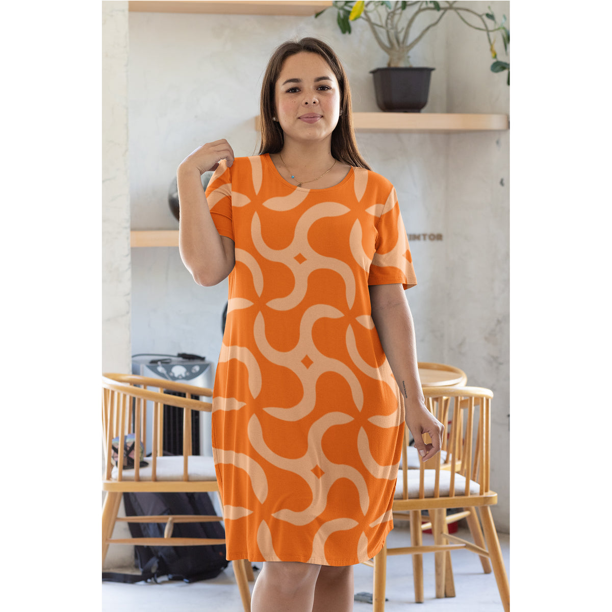 Orange Retro Swirl T-Shirt Dress  Bold All-Over Print Summer Dress