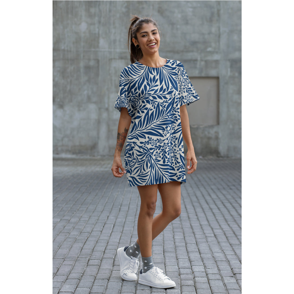 Floral Navy Leaf T-Shirt Dress  All-Over Print Casual Dress