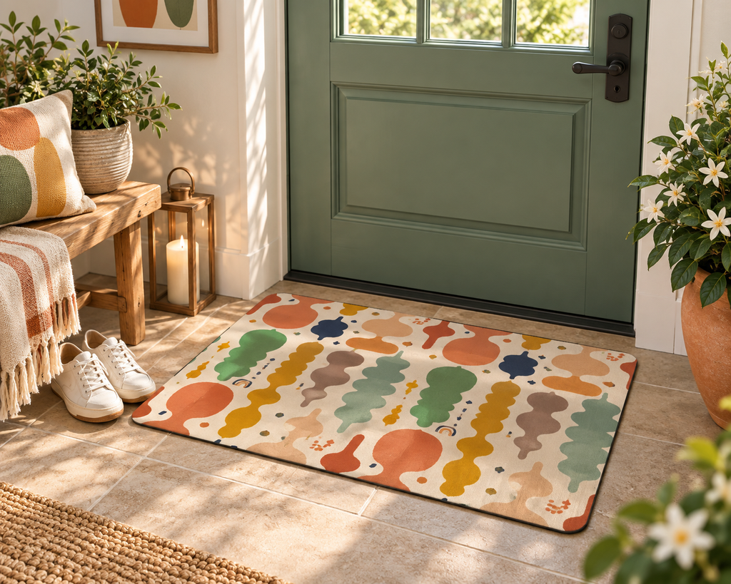 Abstract Retro Shapes Polyester Doormat – Mid-Century Modern Entry Mat