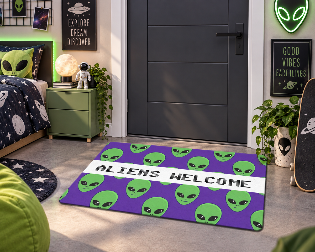 Aliens Welcome Doormat – Green Alien & Purple Space Entryway Mat
