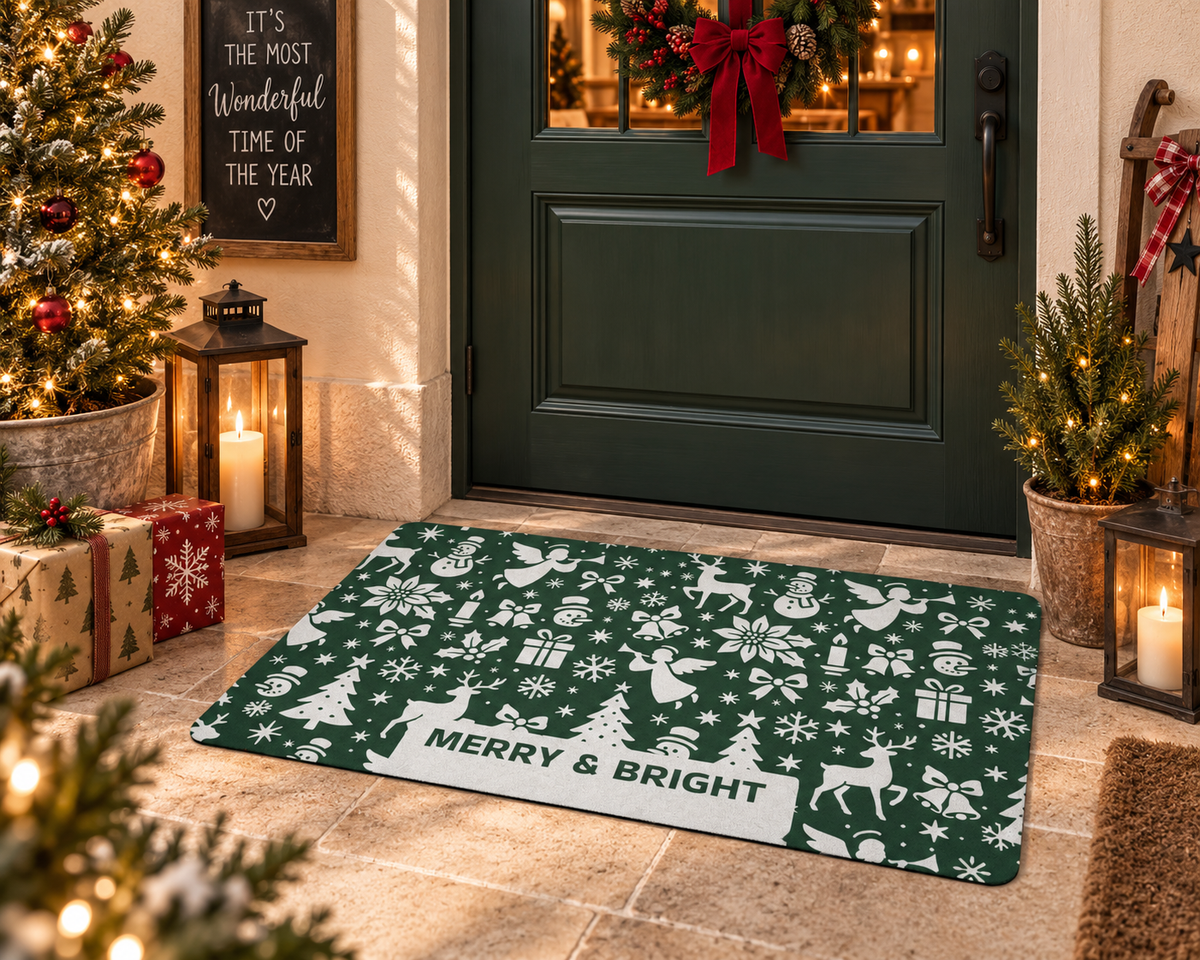Merry & Bright Christmas Doormat – Green Holiday Entryway Mat