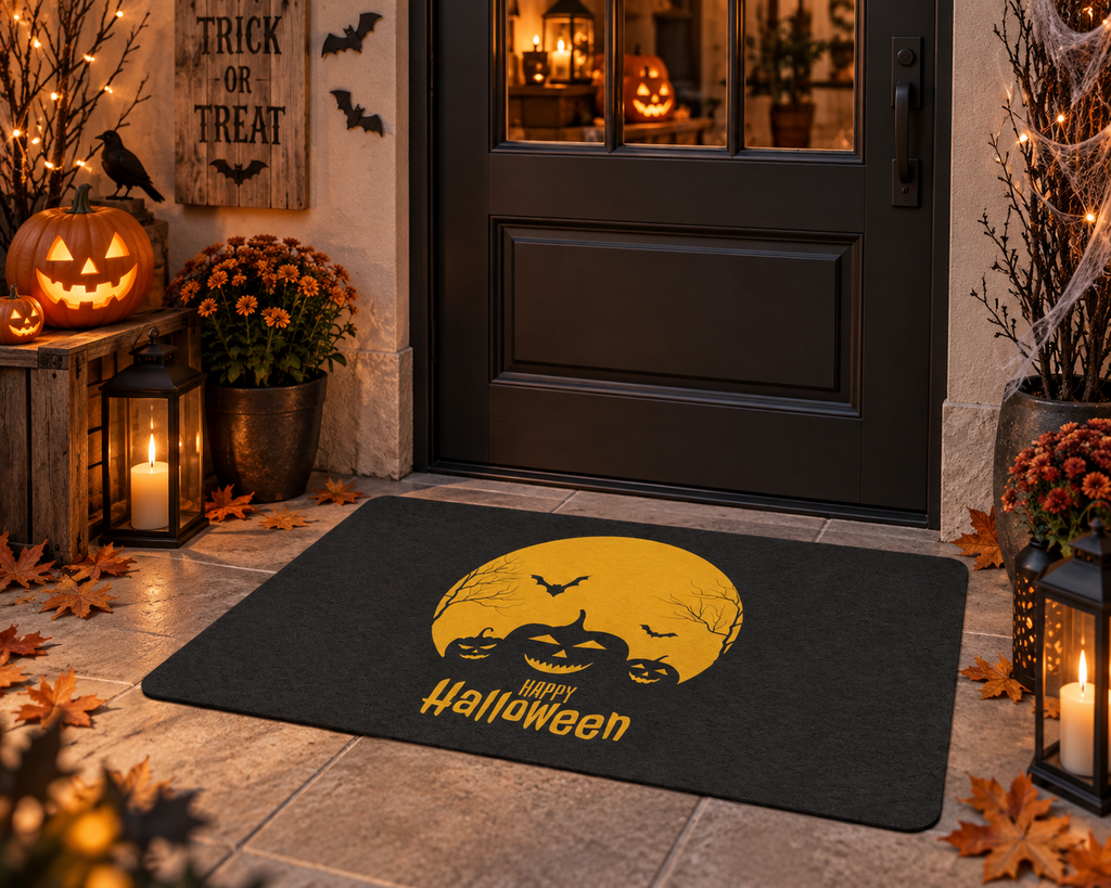 Happy Halloween Doormat – Pumpkin & Bats Halloween Entryway Mat