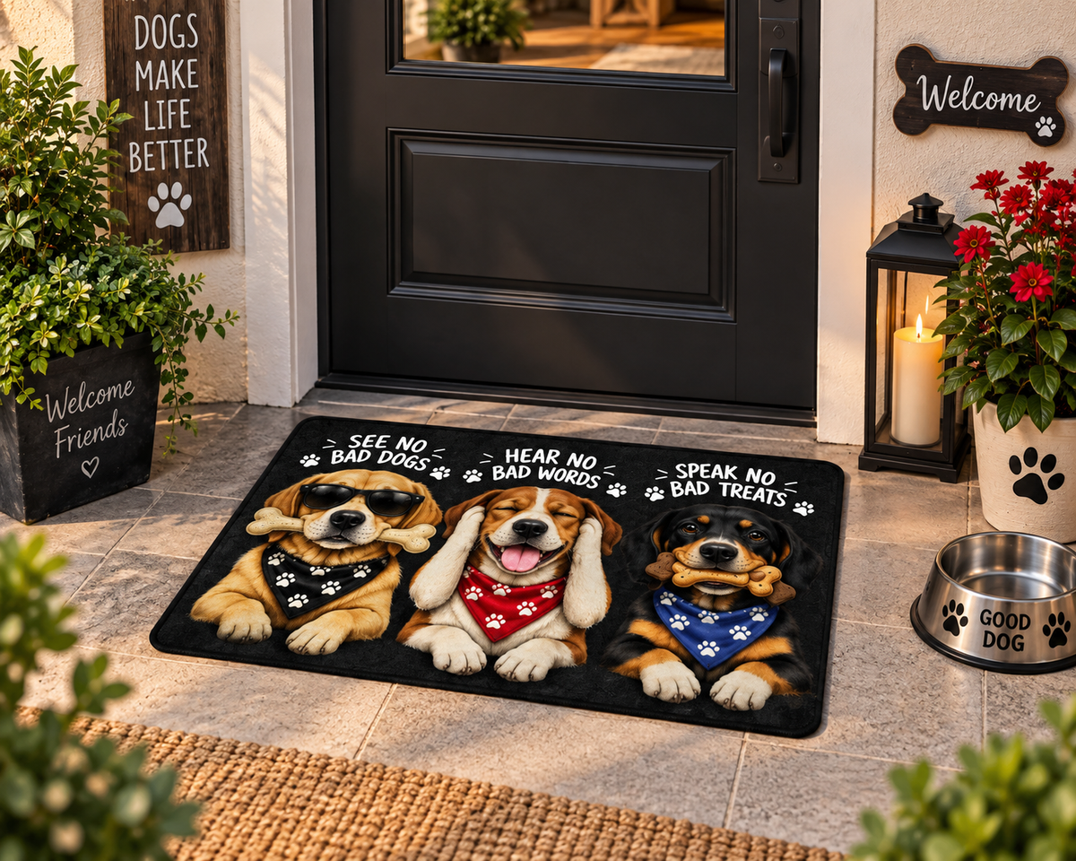 Funny Three Dogs Doormat – See No Bad Dogs, Hear No Bad Words, Speak No Bad Treats