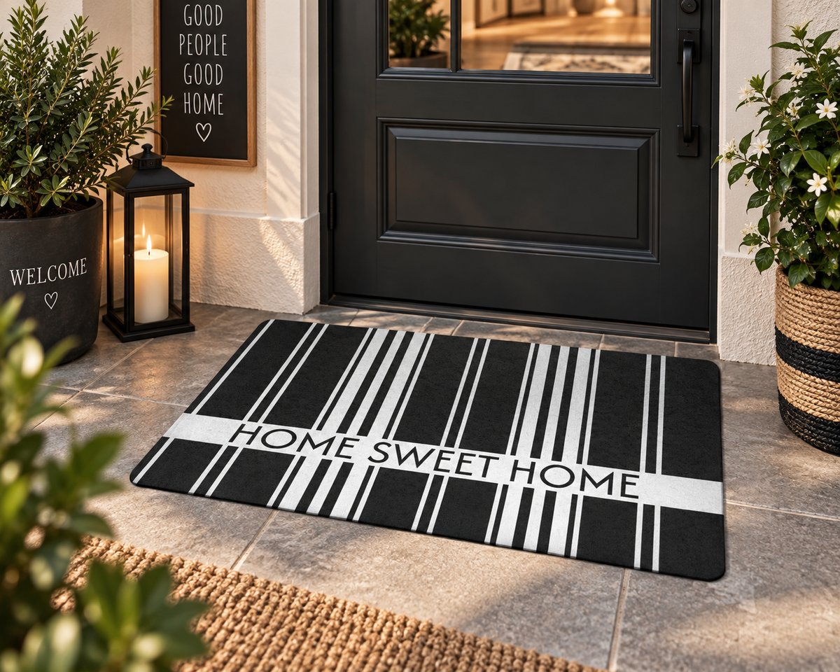 Home Sweet Home Doormat – Modern Black & White Striped Entryway Mat
