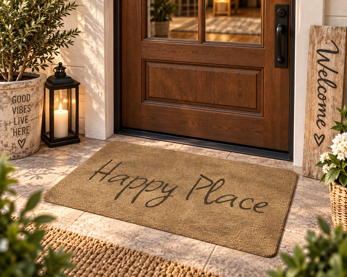Happy Place Doormat – Rustic Neutral Home Entryway Mat