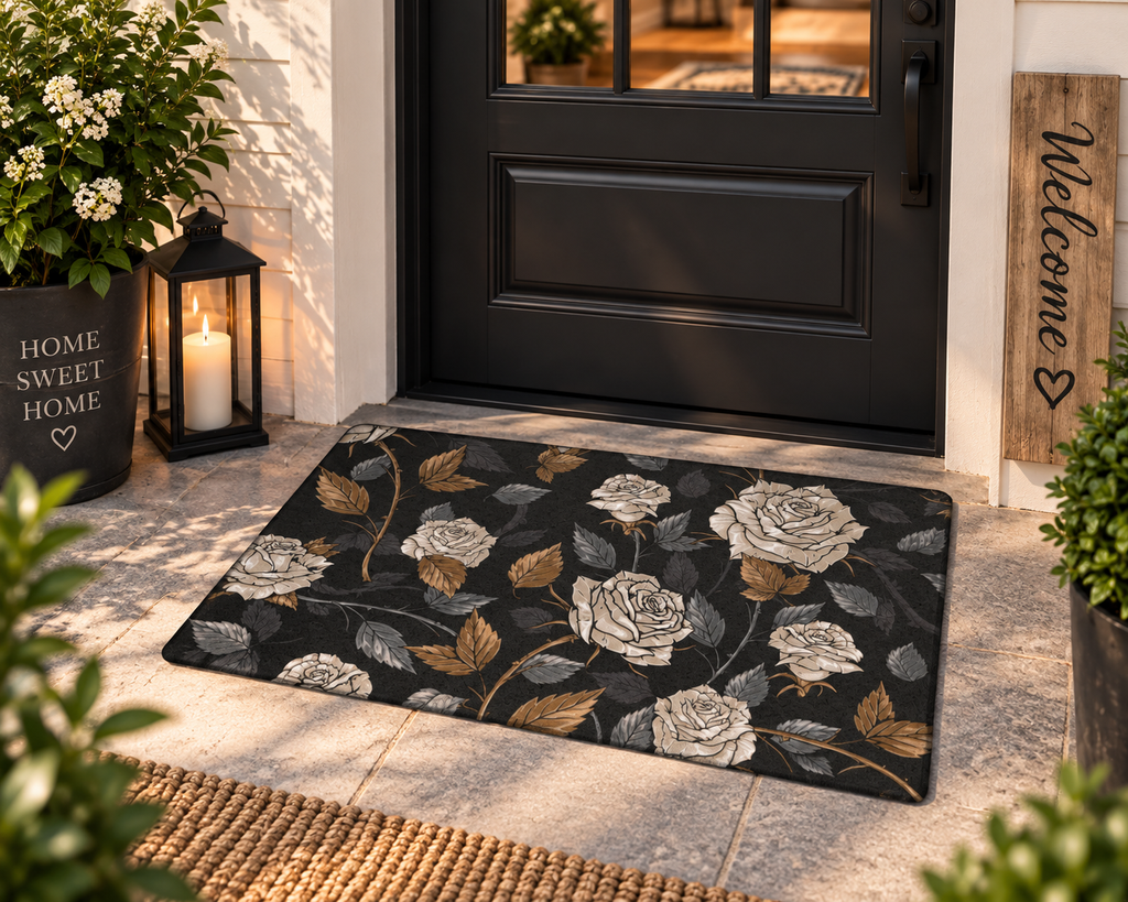 Vintage Rose Floral Doormat – Black & Neutral Botanical Entryway Mat