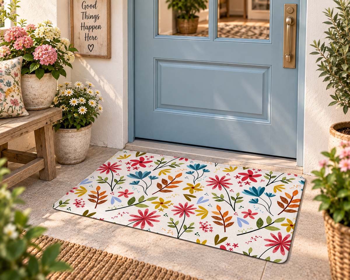 Colorful Floral Doormat – Botanical Wildflower Entryway Mat