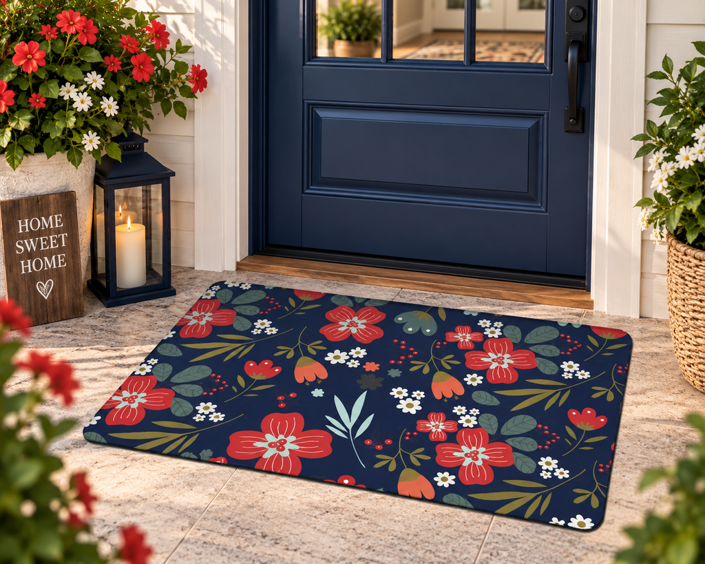 Navy Floral Doormat – Red Flowers & Botanical Entryway Mat
