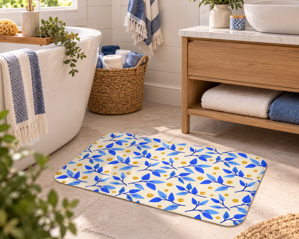 Blue Citrus Leaf Bath Mat – Blue & Yellow Botanical Bathroom Decor