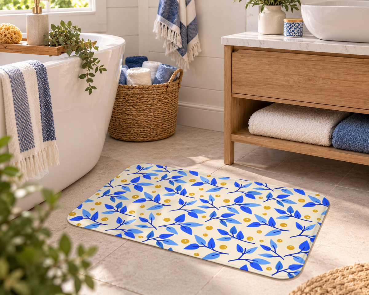 Blue Citrus Leaf Bath Mat – Blue & Yellow Botanical Bathroom Decor