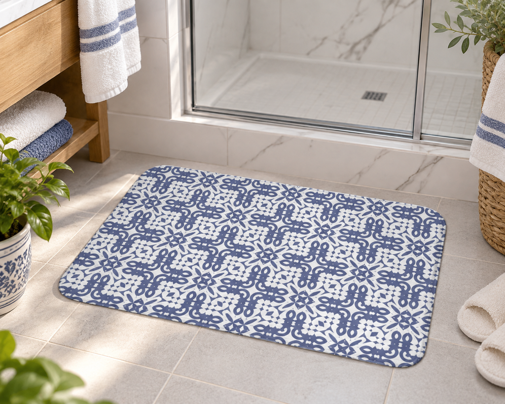 Blue Geometric Tile Bath Mat – Mediterranean Pattern Bathroom Decor