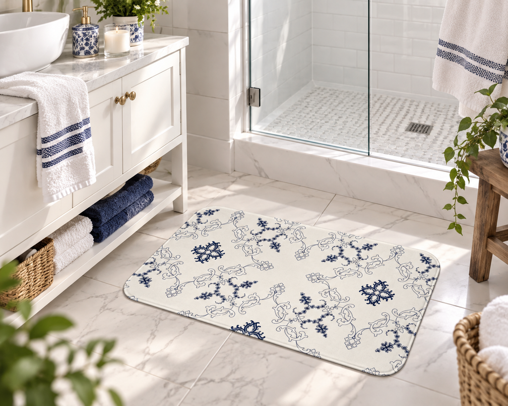 Blue Mediterranean Tile Bath Mat – Elegant Ornamental Bathroom Decor
