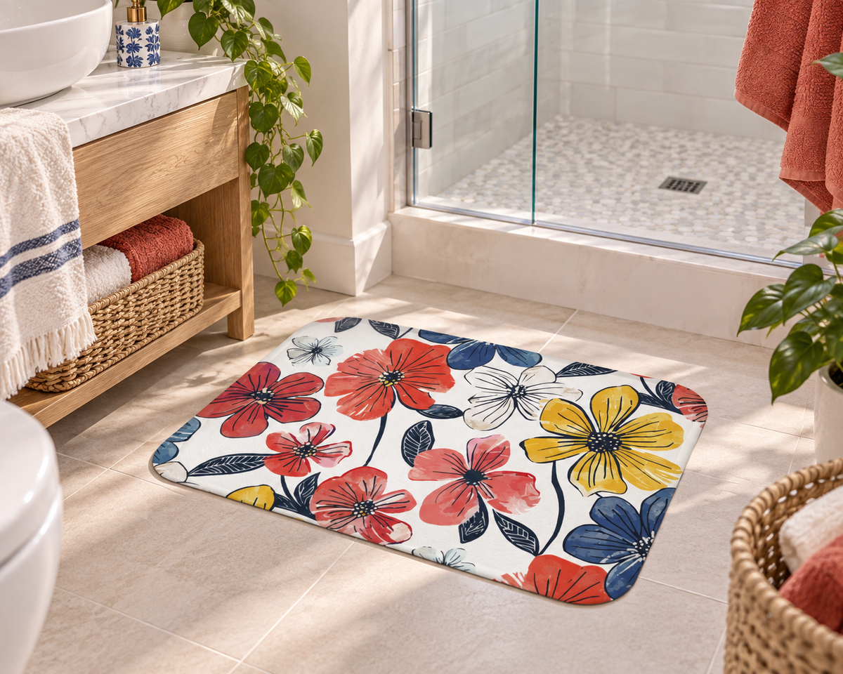 Colorful Floral Bath Mat – Modern Botanical Bathroom Decor