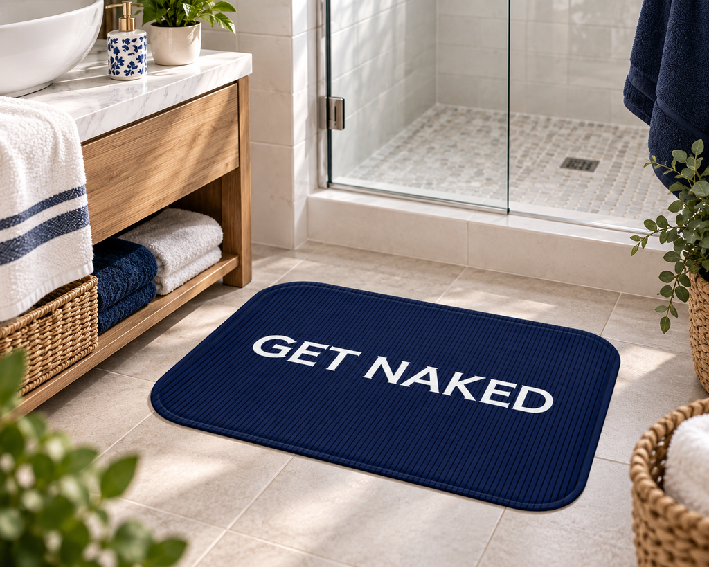 Get Naked Bath Mat – Funny Navy Blue Bathroom Decor