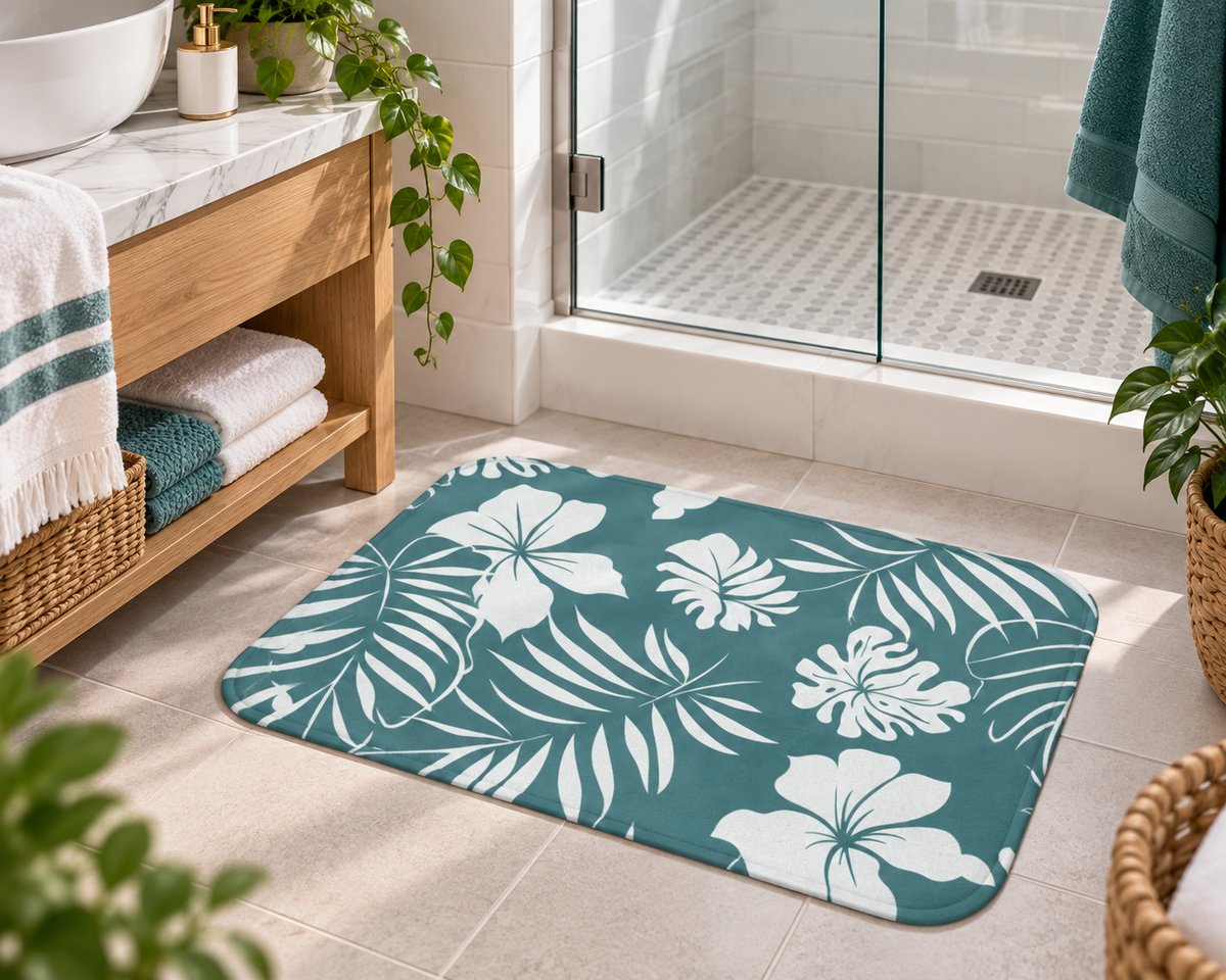 Tropical Floral Bath Mat – Teal Botanical Bathroom Decor