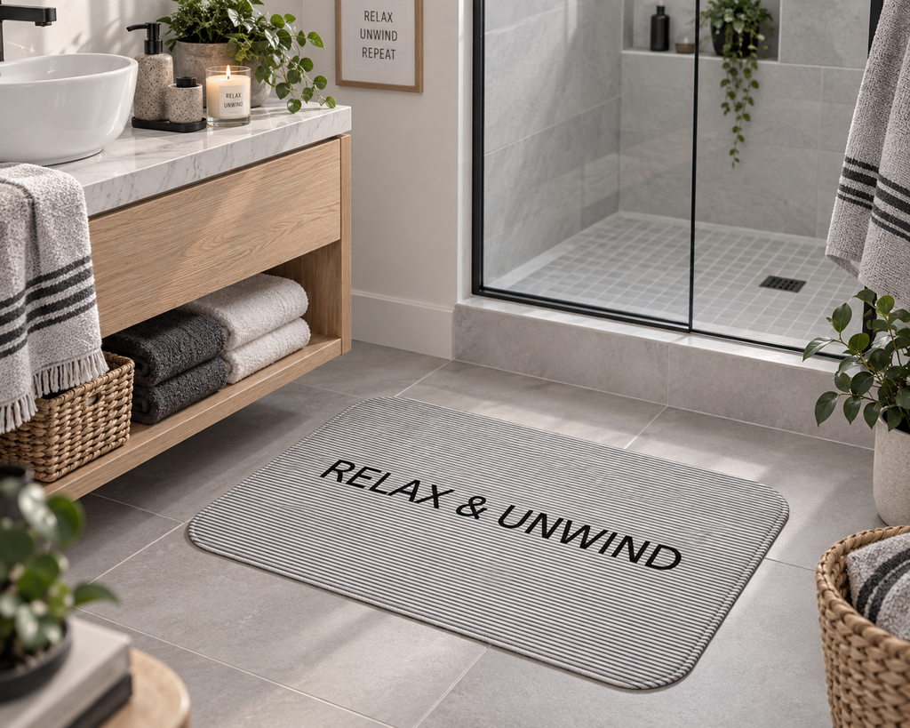 Relax & Unwind Bath Mat – Minimalist Gray Bathroom Decor