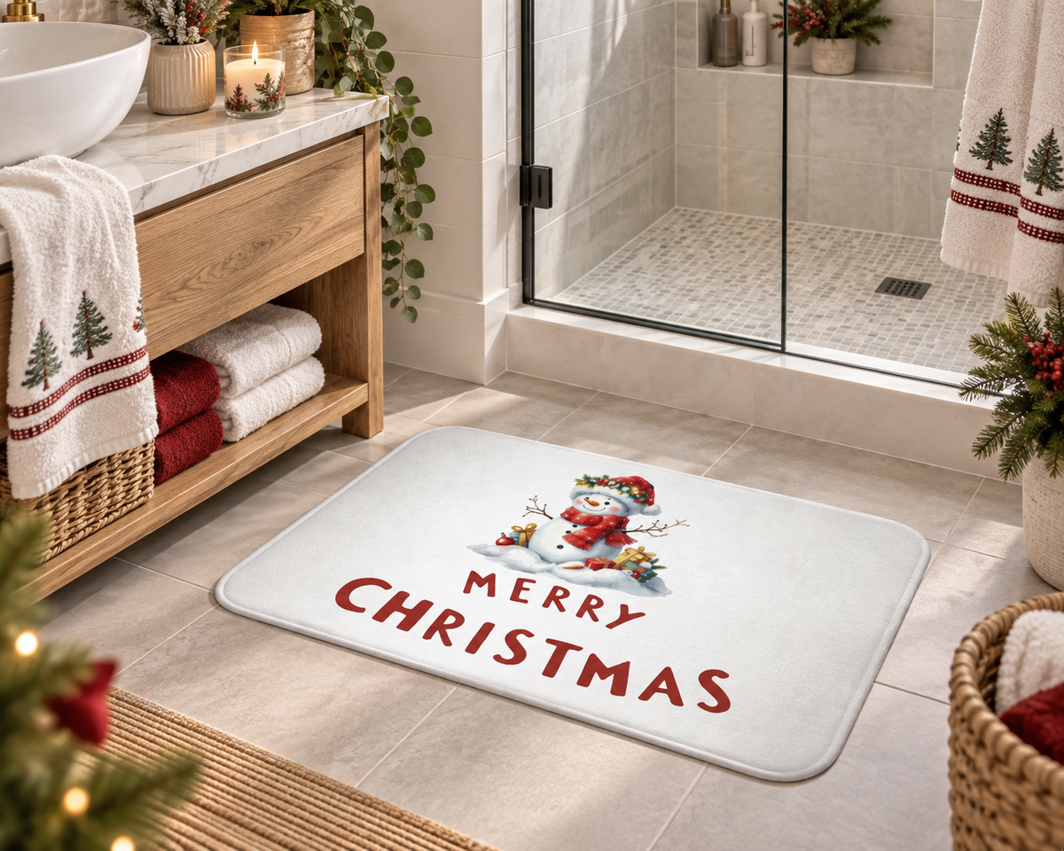 Merry Christmas Snowman Bath Mat – Holiday Bathroom Decor