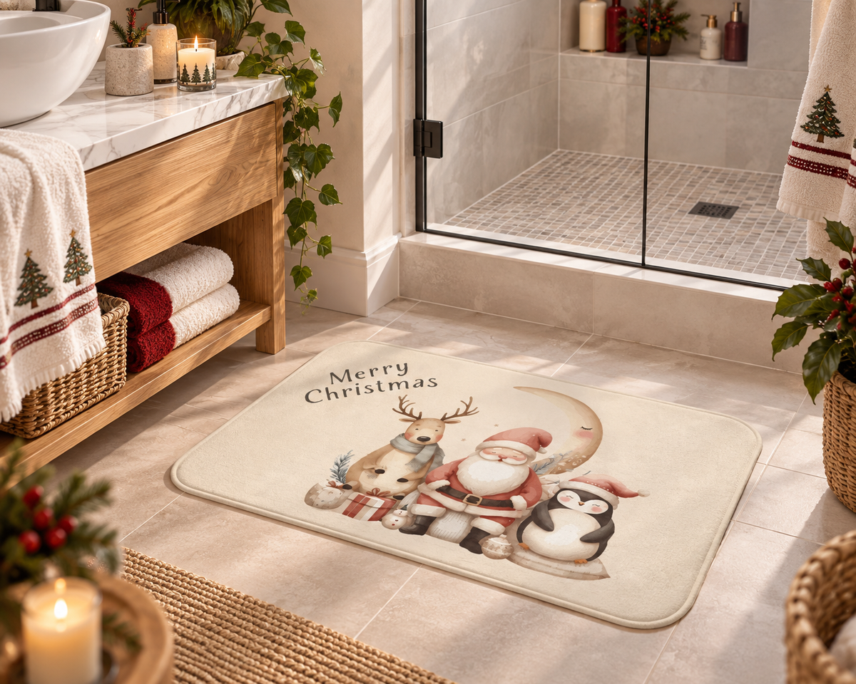 Merry Christmas Santa & Reindeer Bath Mat – Cute Holiday Bathroom Decor