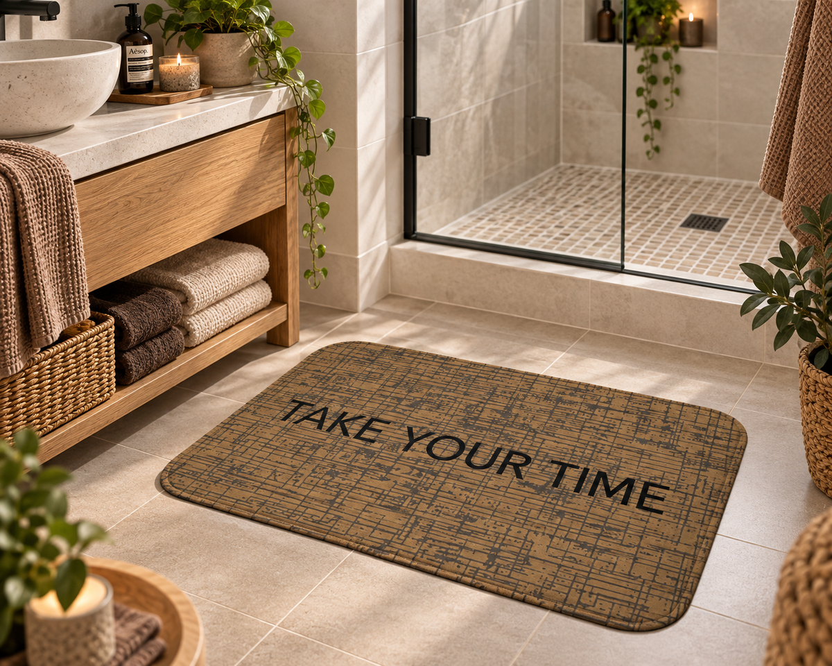 Take Your Time Bath Mat – Rustic Brown Relaxing Bathroom Decor