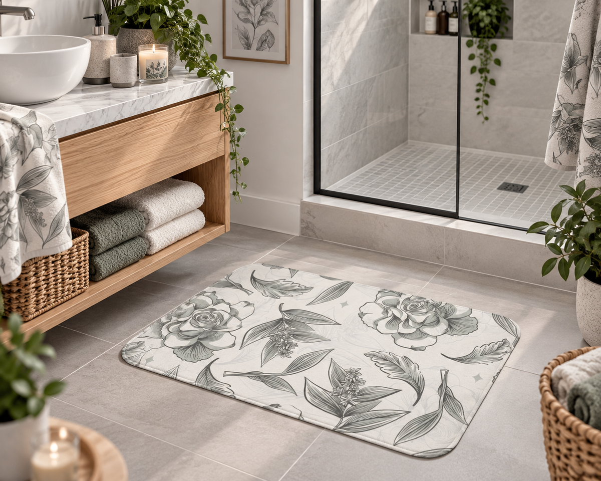 Vintage Rose Sketch Bath Mat – Elegant Black & White Floral Bathroom Decor