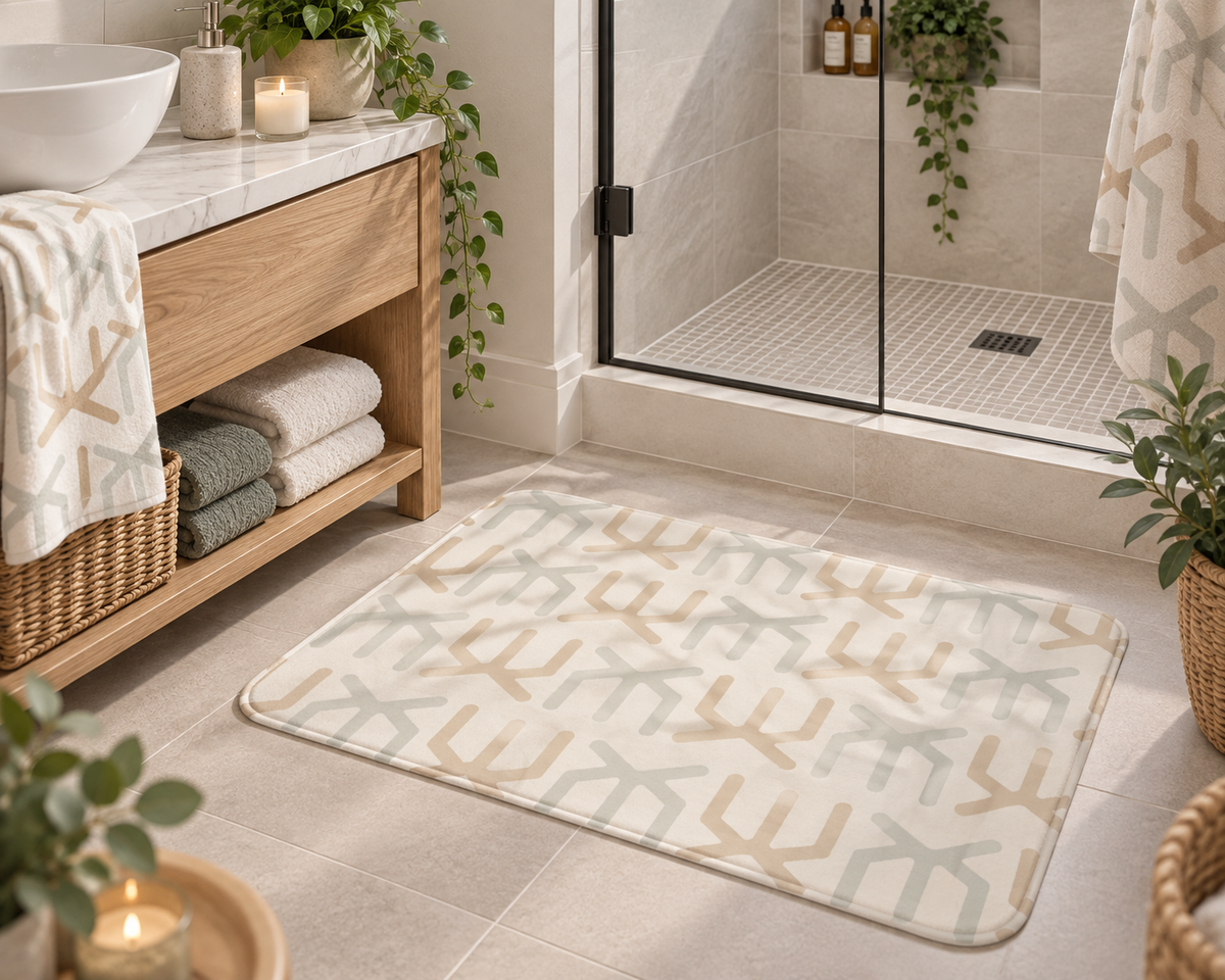 Neutral Geometric Bath Mat – Beige & Sage Modern Bathroom Decor