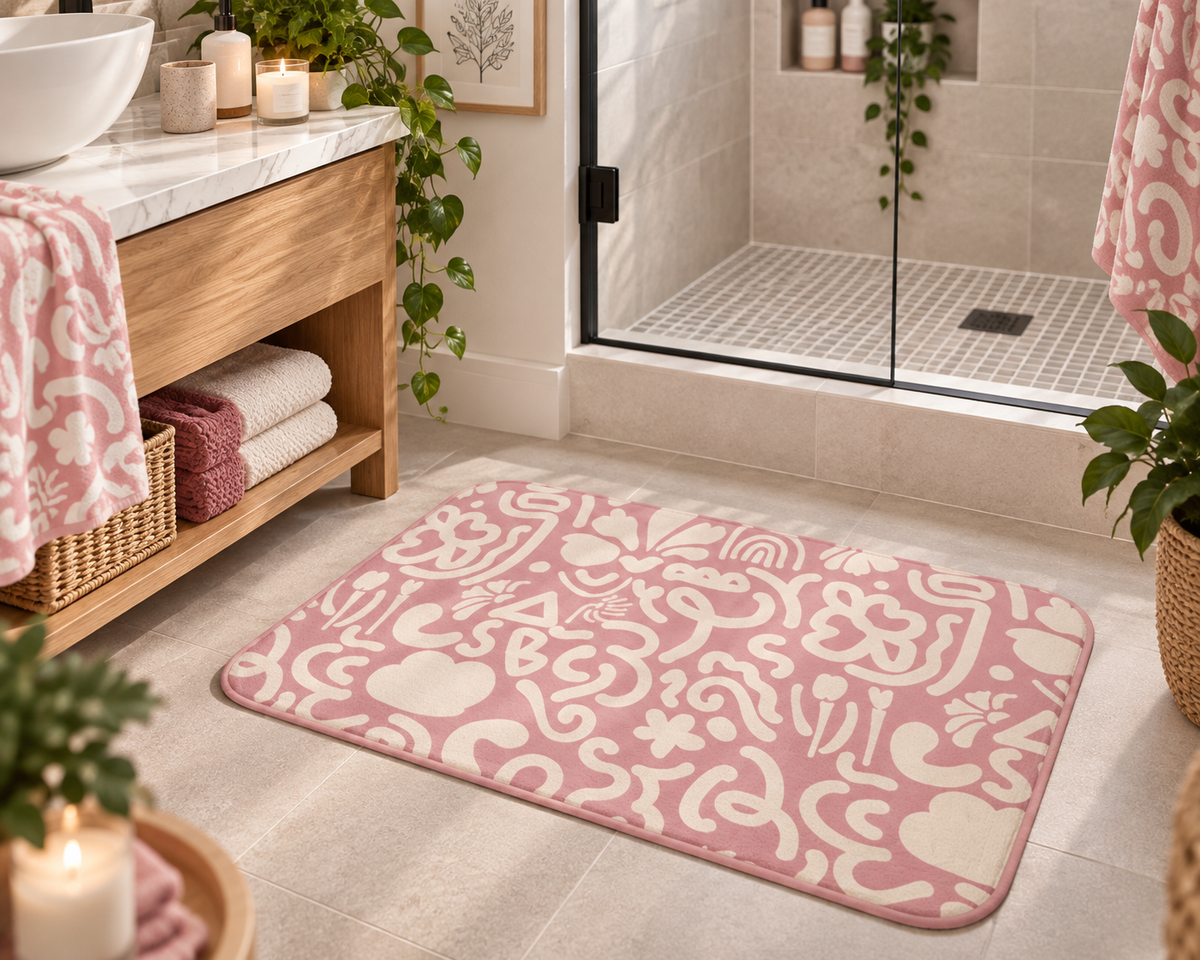 Pink Abstract Floral Bath Mat – Retro Modern Bathroom Decor