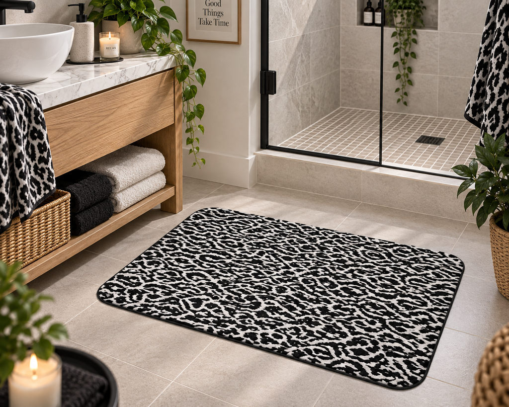 Black & White Animal Print Bath Mat – Modern Wild Bathroom Decor