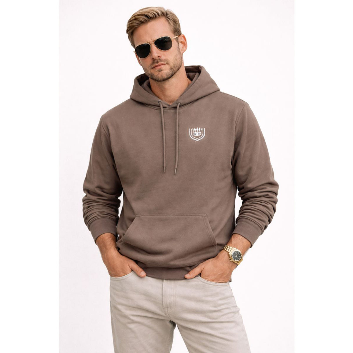 Minimal Crest Hoodie — Neutral Cozy Fleece Pullover