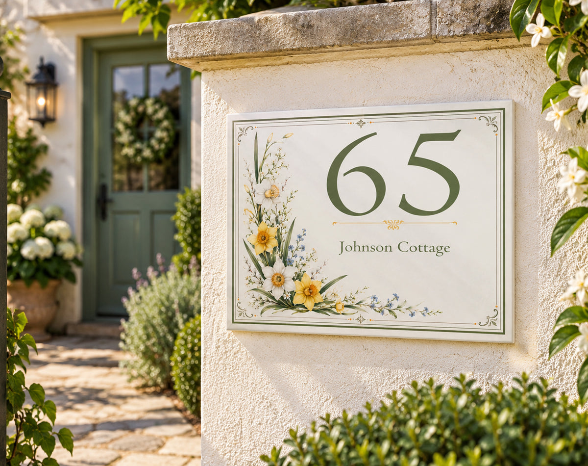 Personalized Ceramic House Number Plaque with Botanical Flowers – SE30