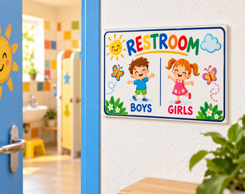 Kids Restroom Sign – Boys & Girls Colorful Ceramic Plaque - SE6
