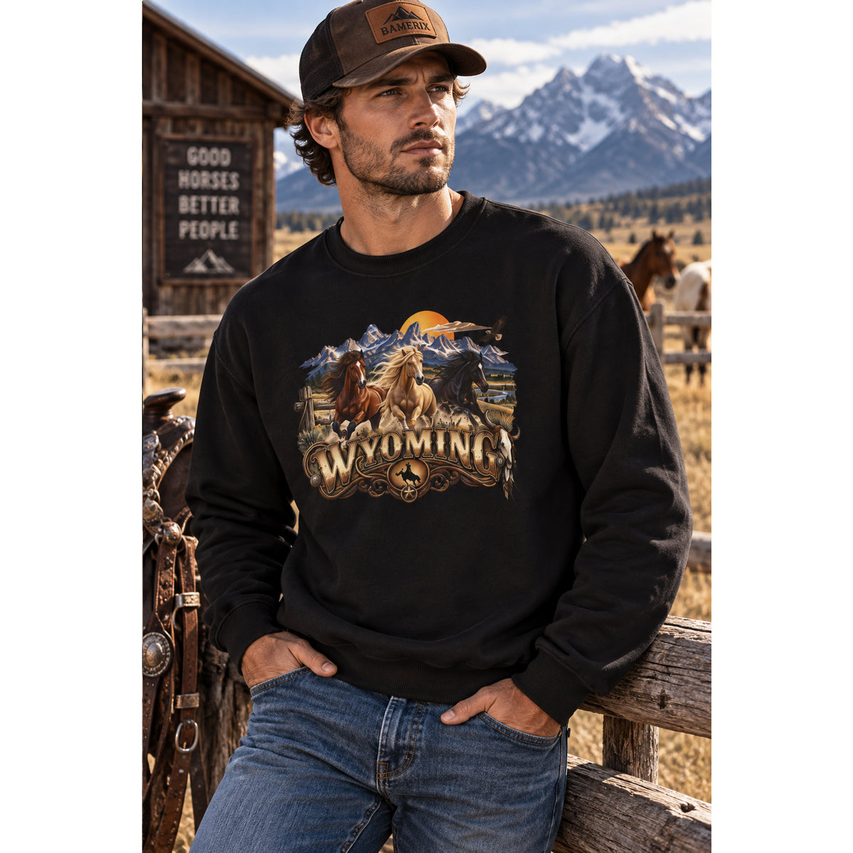 Wyoming Horses Sweatshirt – Vintage Western Design