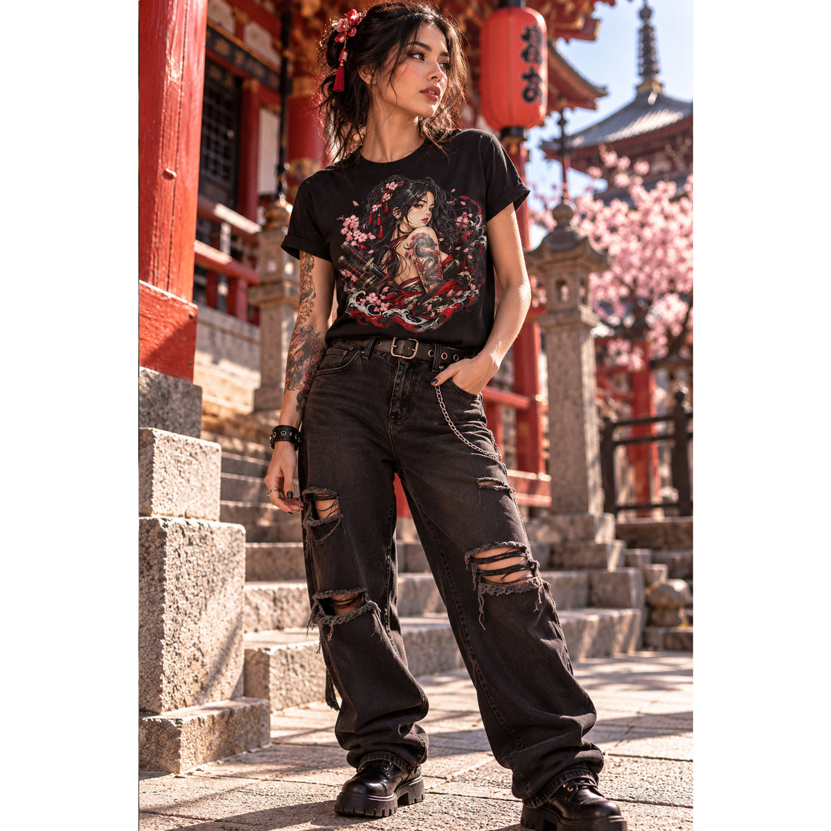 Japanese Samurai Girl T-Shirt – Dark Anime Warrior Graphic Tee