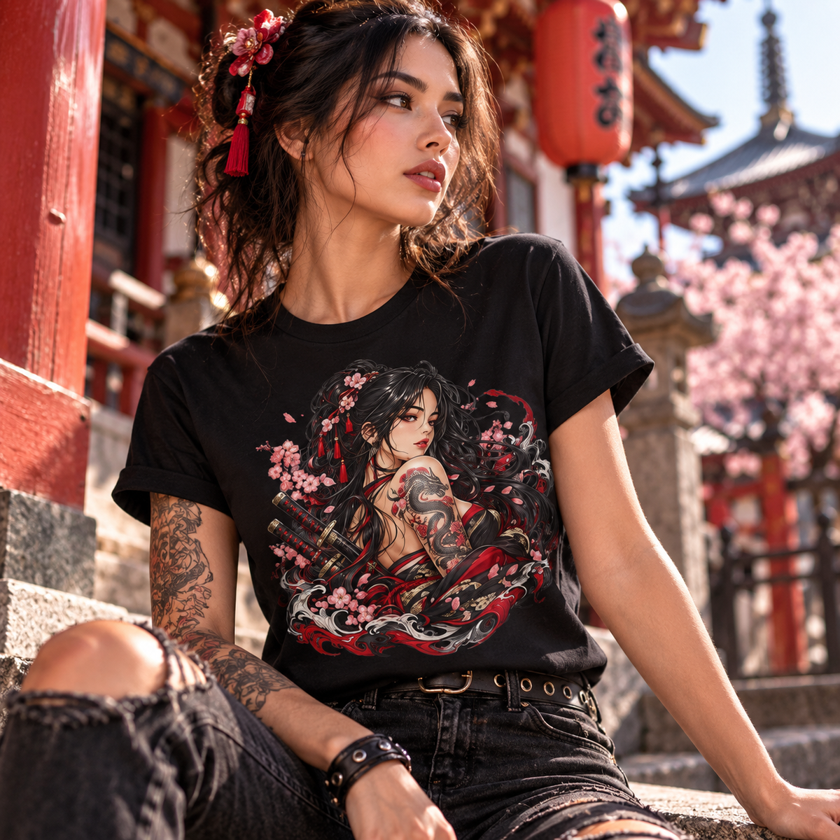 Japanese Samurai Girl T-Shirt – Dark Anime Warrior Graphic Tee
